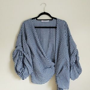 Plaid Wrap with Balloon Sleeves